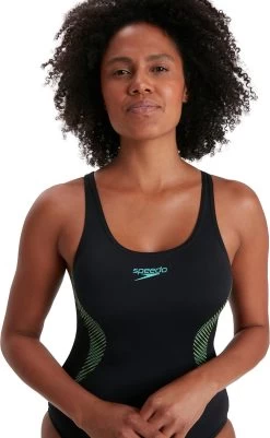 Speedo Placement Muscleback Badpak Dames - Zwart / Groen - Maat 34 -Speedo Winkel 740x1200