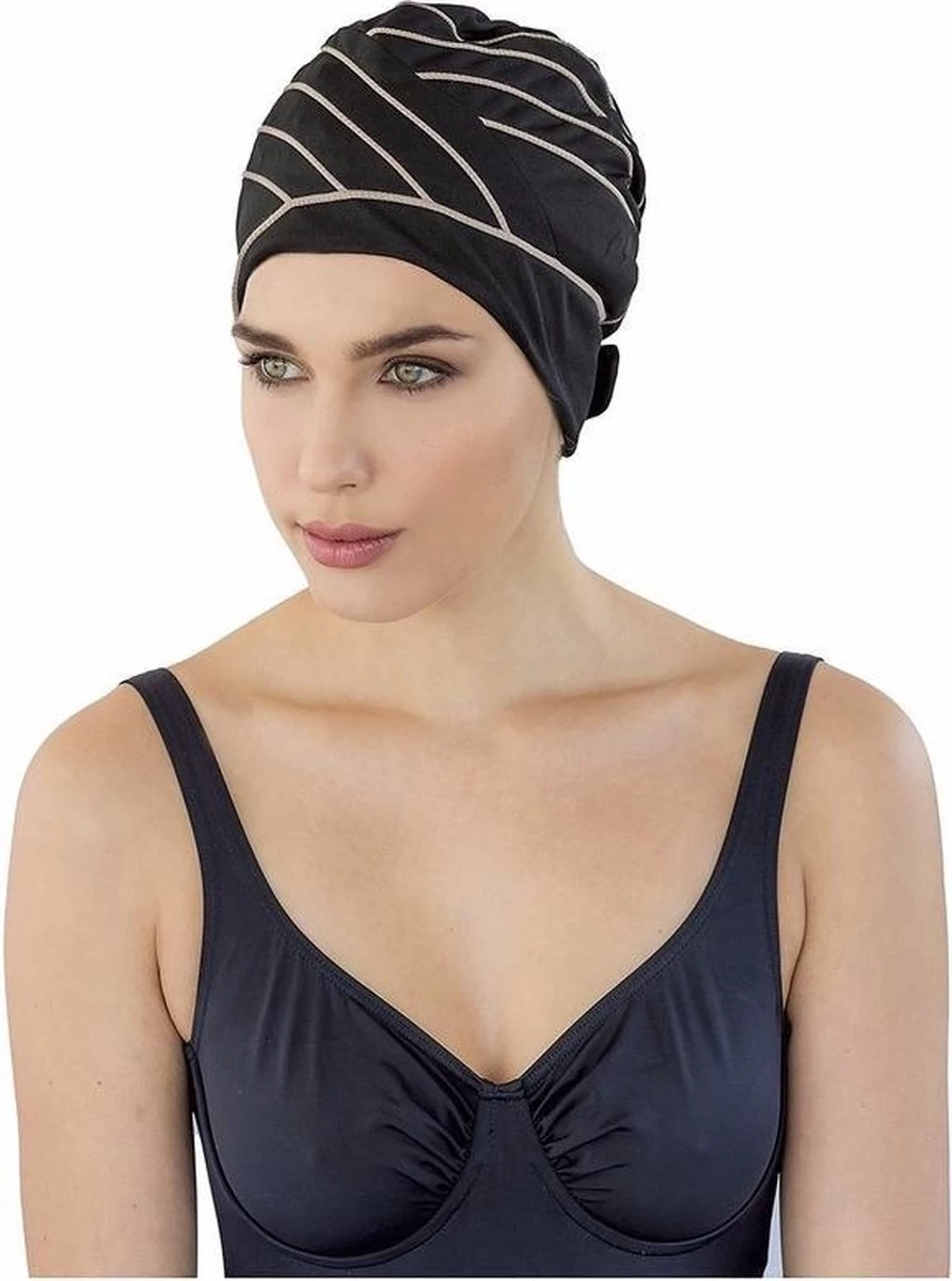 Fashy Zwarte Badmuts Met Bruine Lijnen Voor Dames 3 Fashy Zwarte Badmuts Met Bruine Lijnen Voor Dames